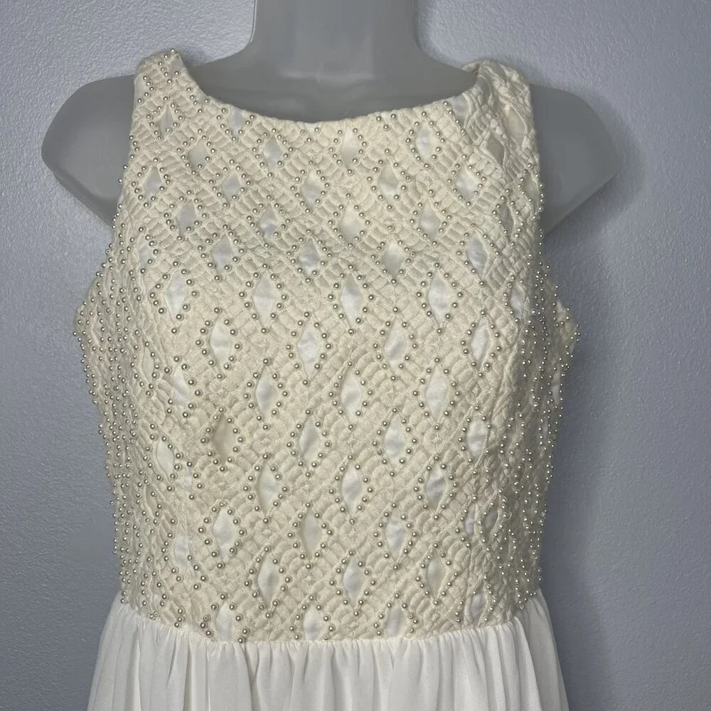 a.drea Sleeveless Ivory Beaded Fit & Flare Mini Dress Sheer Skirt Party Wedding - Picture 3 of 13